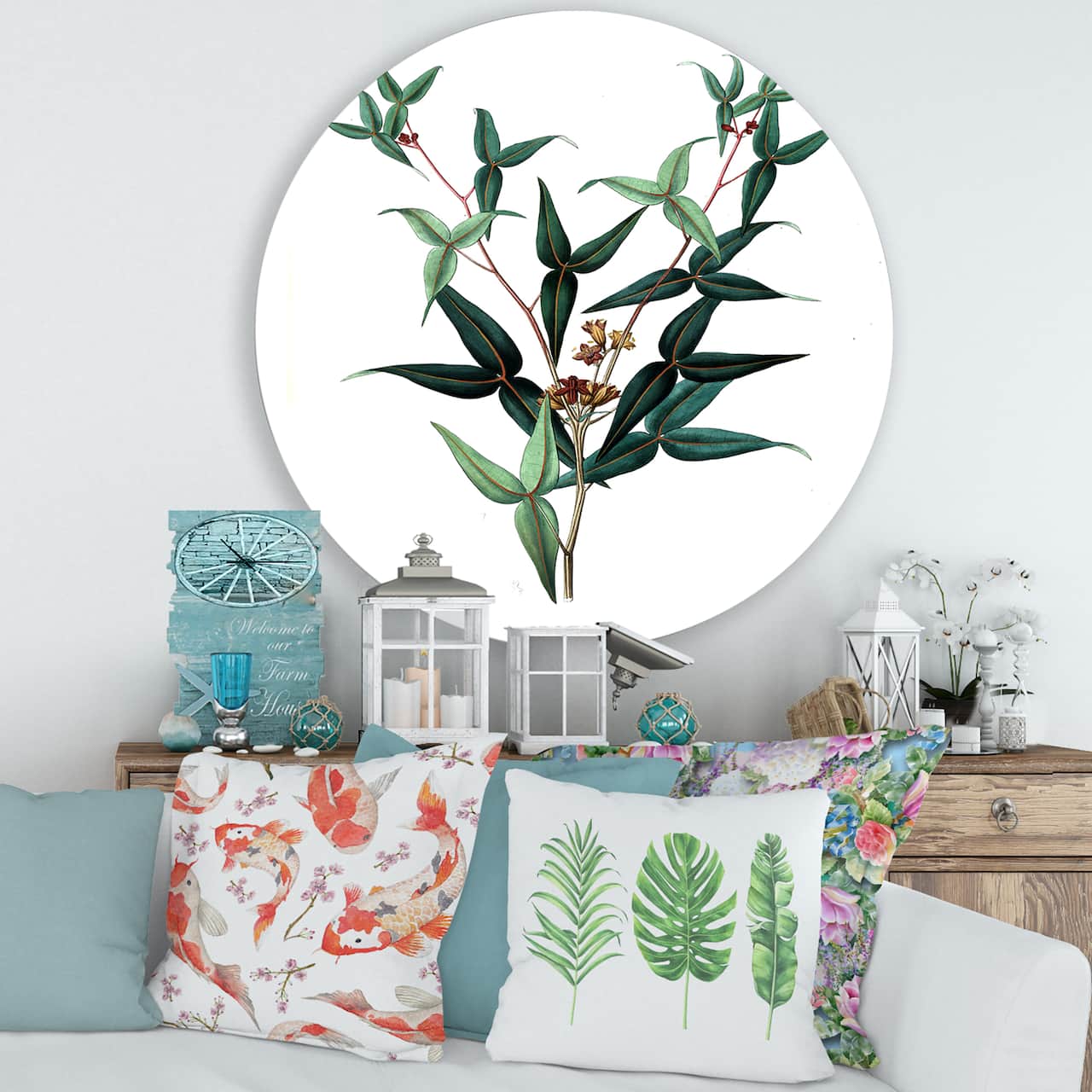 Designart - Vintage Green Leaves Plants VIII - Traditional Metal Circle Wall Art